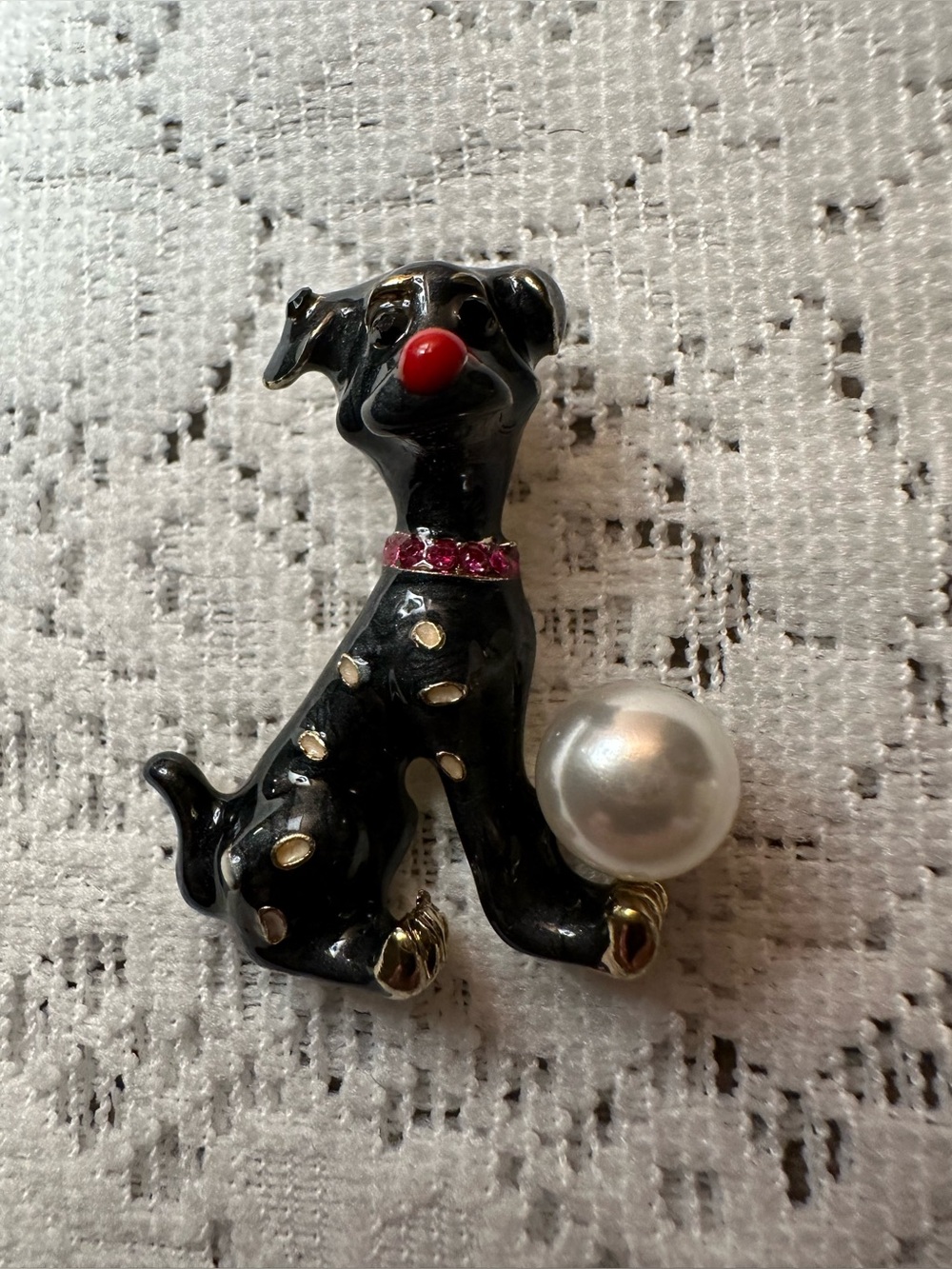 Black Dog Brooch with Red Accent and Pearl Ball